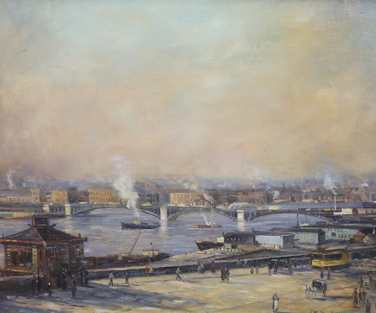 J. Desotta, oil on canvas board, City riverscape, signed, 49 x 59cm